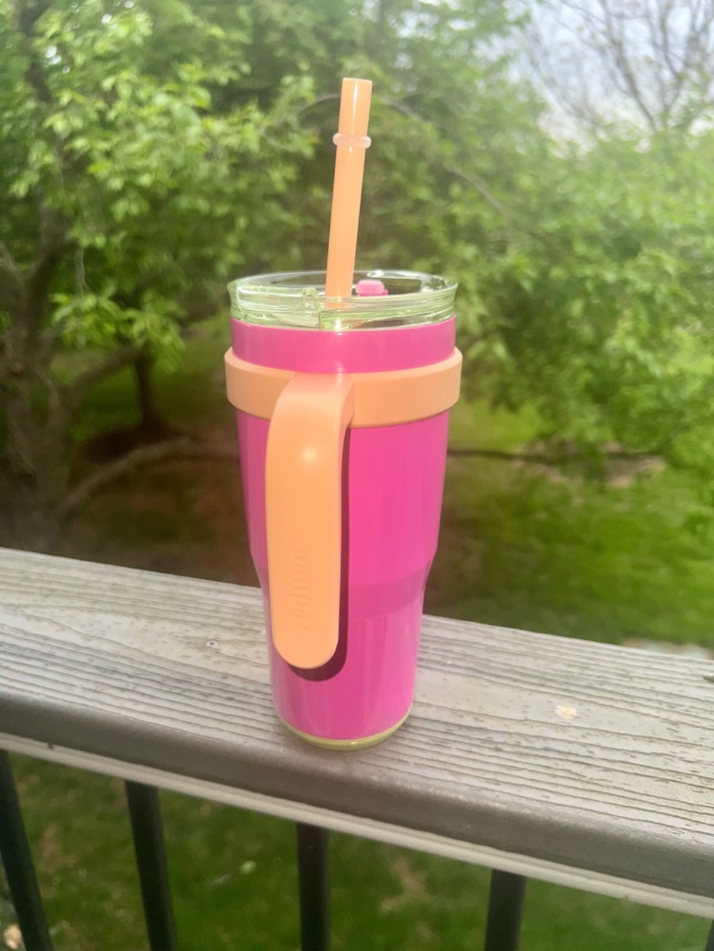 Hot Pink Travel Tumbler with Peach Handle and Straw